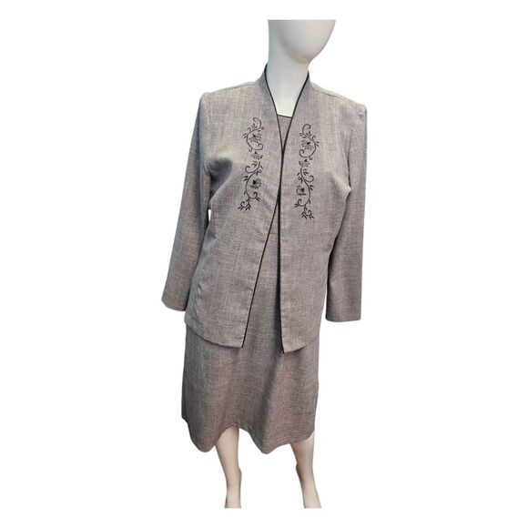 Dress Suit Womens Size 12 Gray embroidered Dress and Blazer Vintage 80's - Picture 1 of 9
